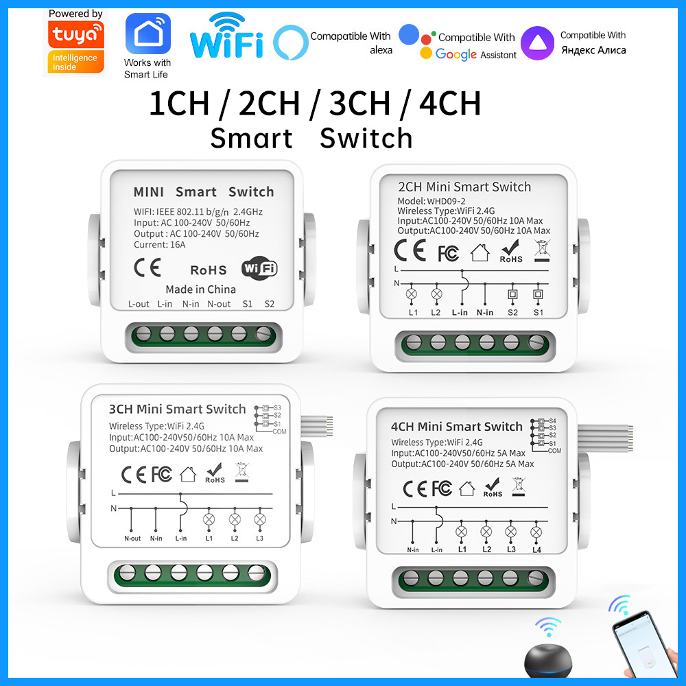 Smart Home Voice Assistant - Умный WiFi-выключатель Tuya на 1/2/3/4 клавиши,